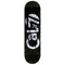  8.5-inch Cal 7 Heist skateboard deck with white Cal 7 logo on a black background and a shattered-glass graphic