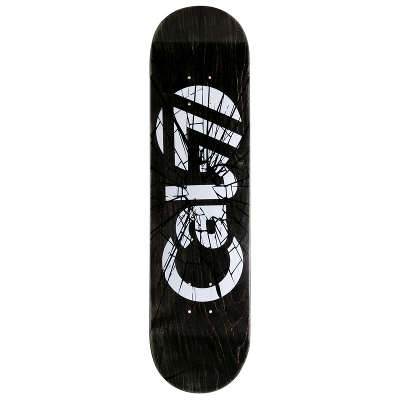 8-inch Cal 7 Heist skateboard deck with white Cal 7 logo on a black background and a shattered-glass graphic