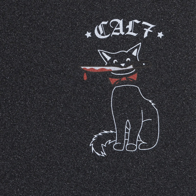 Cal 7 black skateboard griptape with knife-wielding cat design
